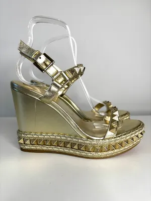 Pre-owned Christian Louboutin Pyraclou Espadrille Gold Leather Studded Wedge Sandals 39 UK6