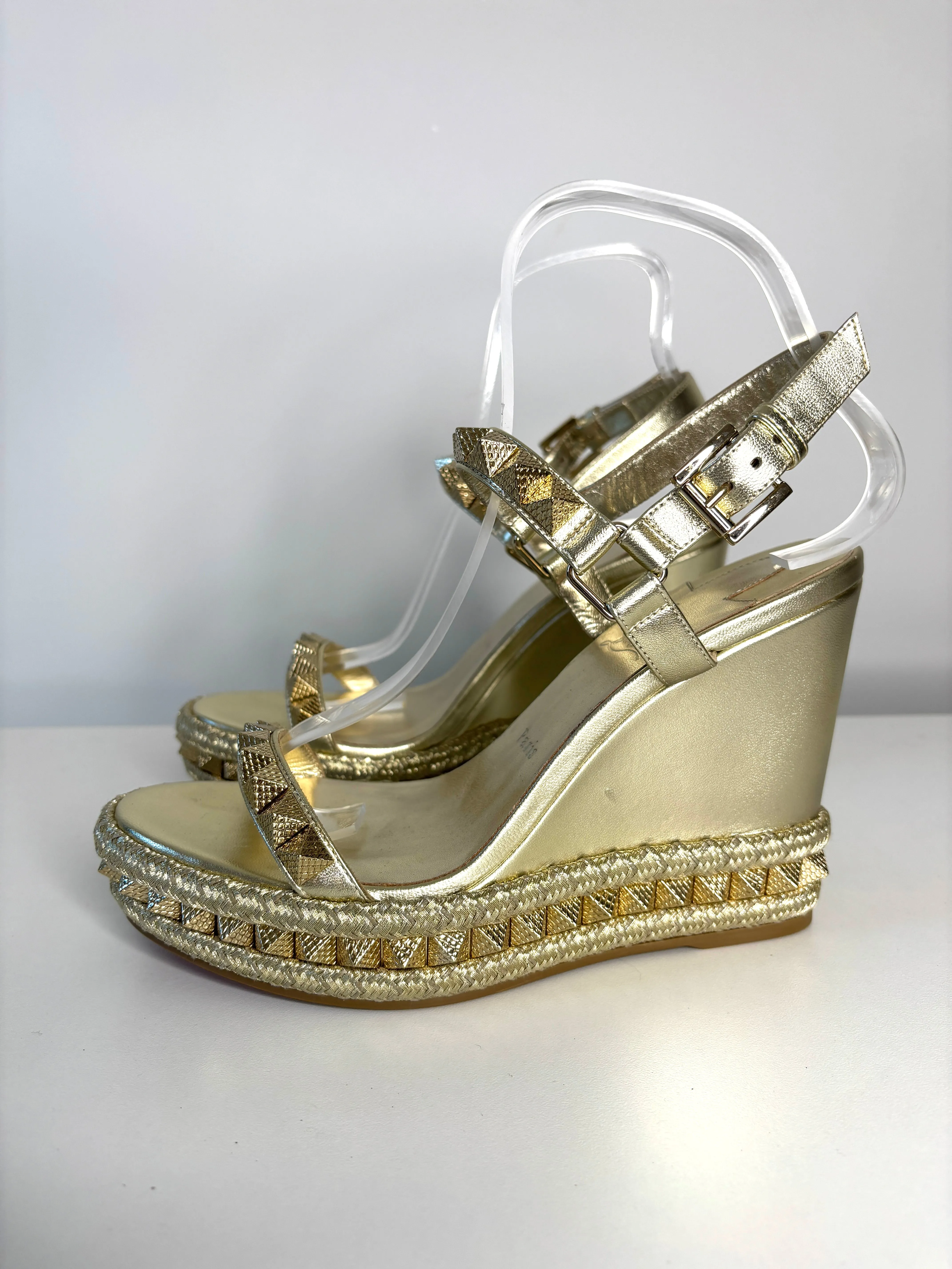 Pre-owned Christian Louboutin Pyraclou Espadrille Gold Leather Studded Wedge Sandals 39 UK6