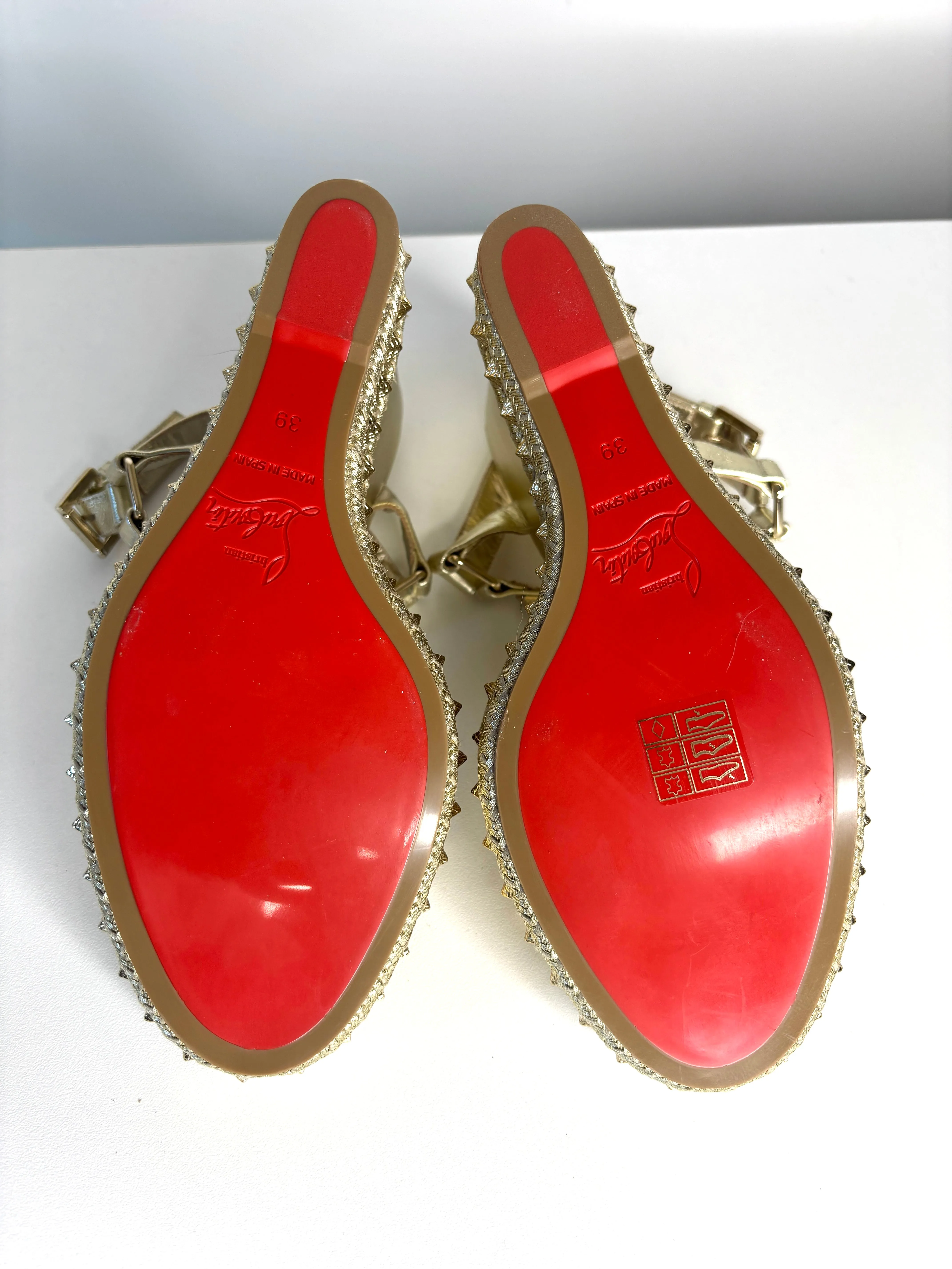 Pre-owned Christian Louboutin Pyraclou Espadrille Gold Leather Studded Wedge Sandals 39 UK6