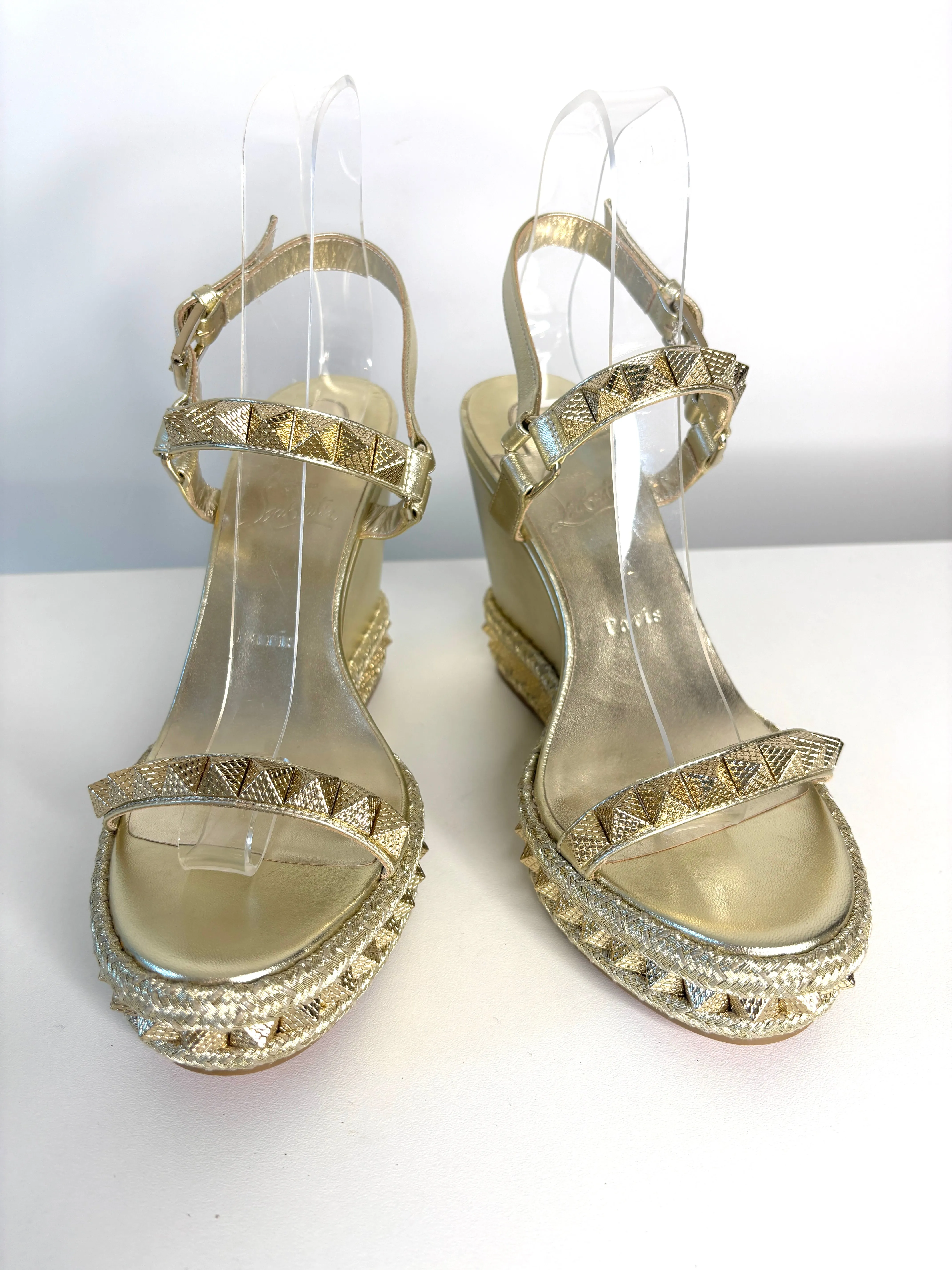Pre-owned Christian Louboutin Pyraclou Espadrille Gold Leather Studded Wedge Sandals 39 UK6