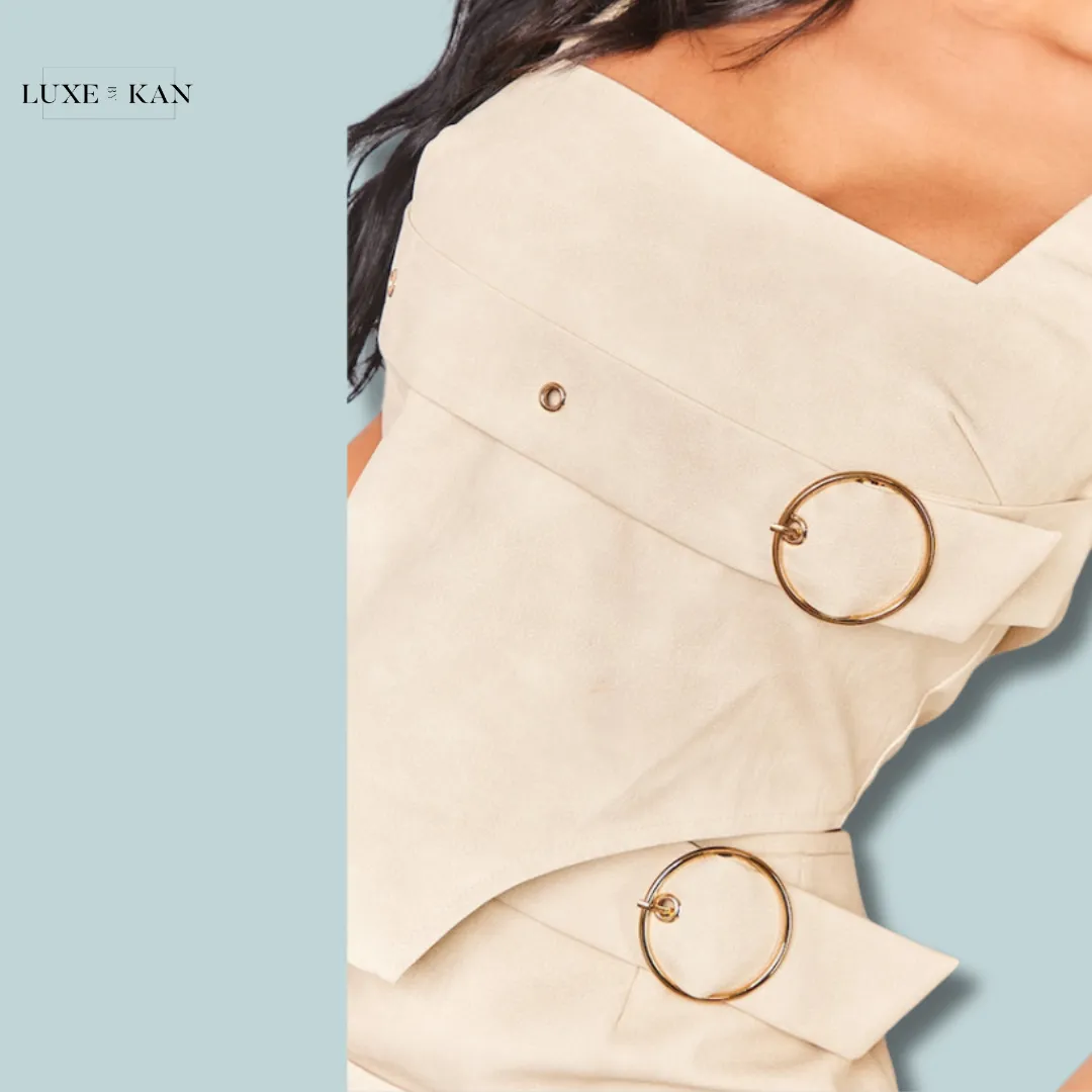 PRETTYLITTLETHING Petite Cream Faux Leather Buckle Detail Corset Top
