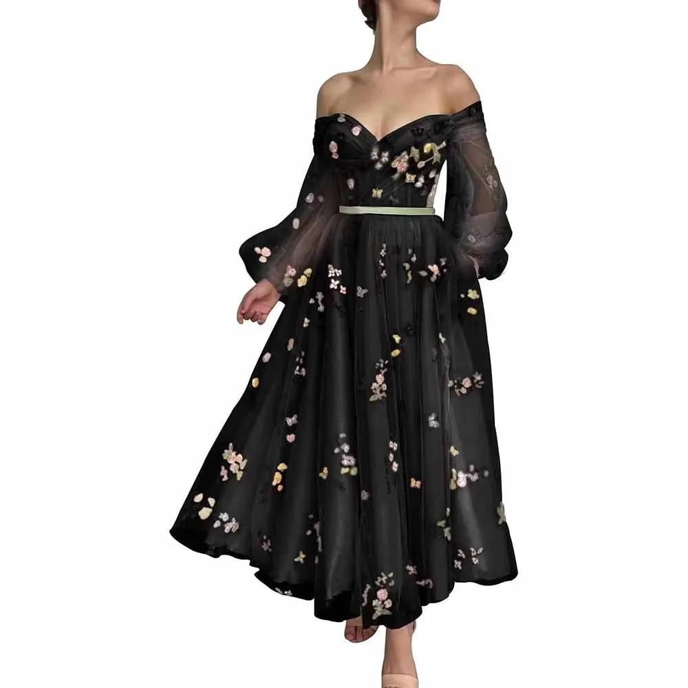 Puffy Sleeve Tulle Prom Dresses Flower Embroidery Formal Evening Party Gowns