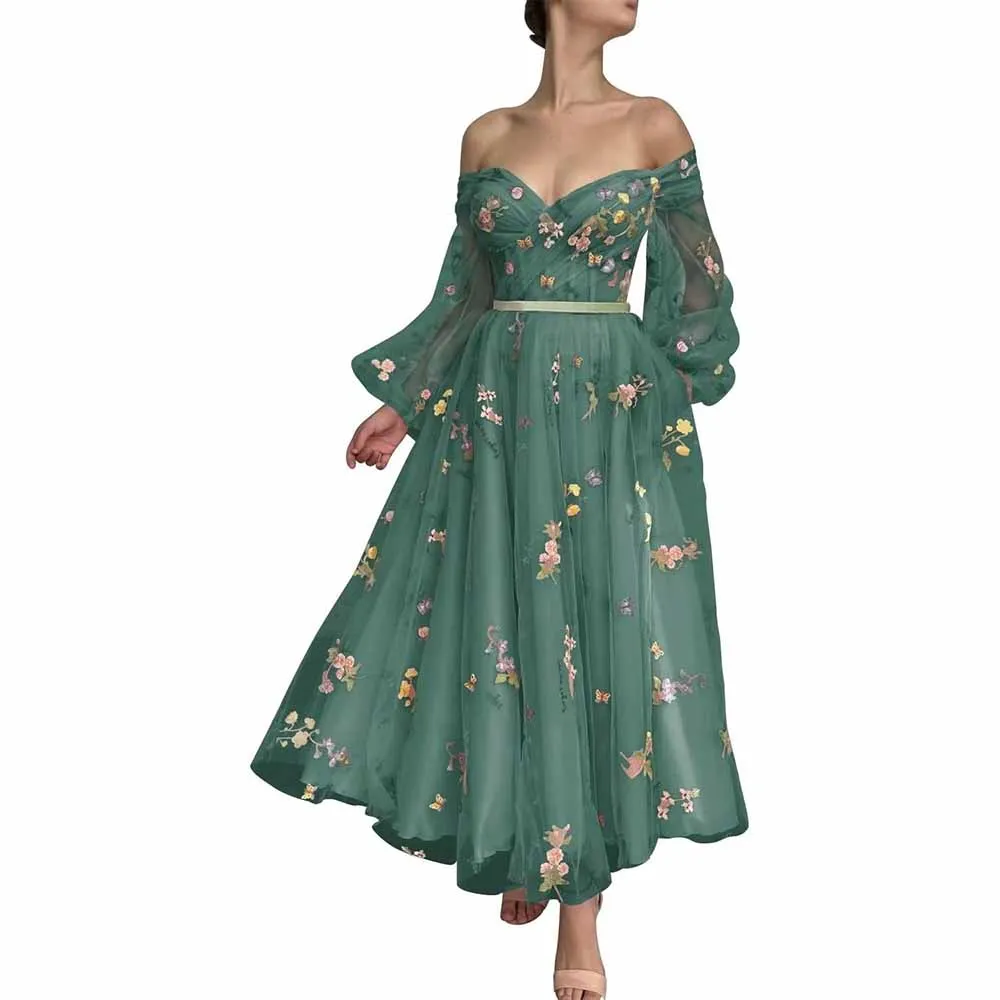 Puffy Sleeve Tulle Prom Dresses Flower Embroidery Formal Evening Party Gowns