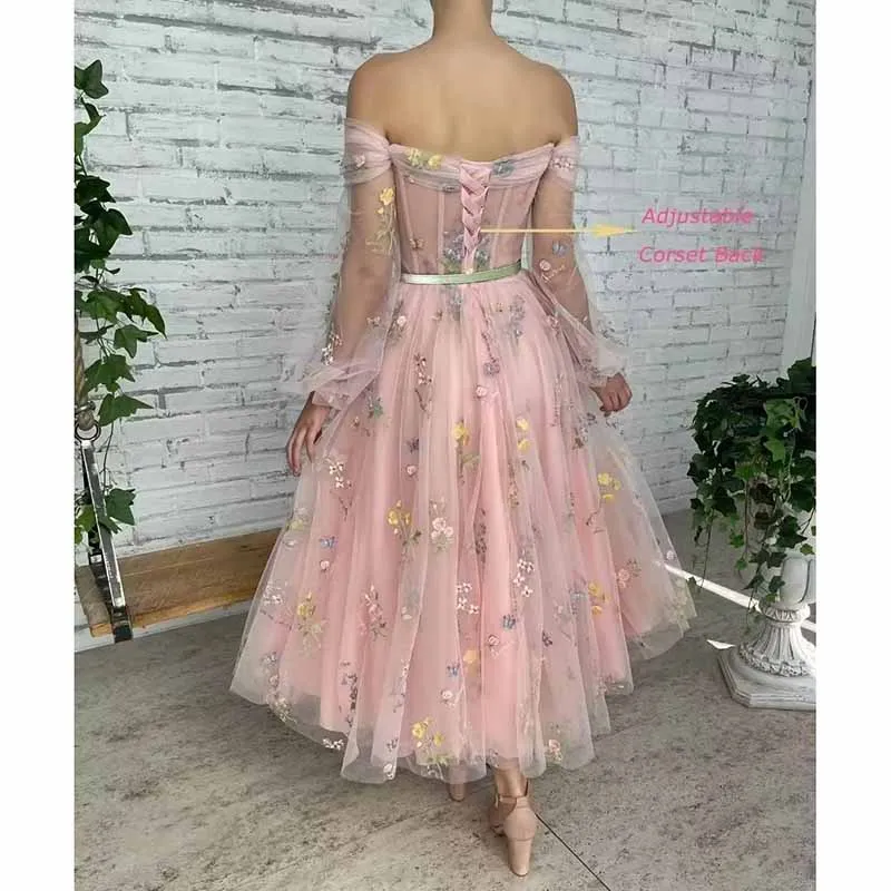 Puffy Sleeve Tulle Prom Dresses Flower Embroidery Formal Evening Party Gowns