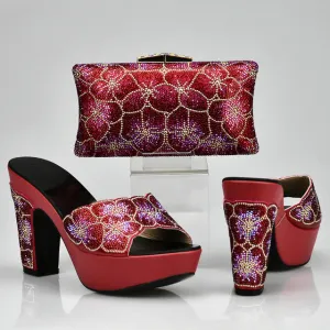 Purple Color Matching Shoe and Bag Set Decorated with Rhinestone African Shoe and Bag Set for Party In Women Italian Ladies Shoe