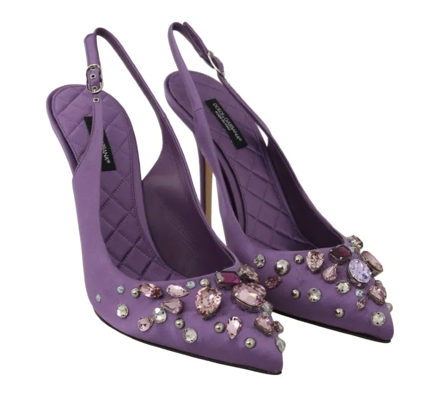 Purple Silk Raso Crystal Slingbacks Shoes