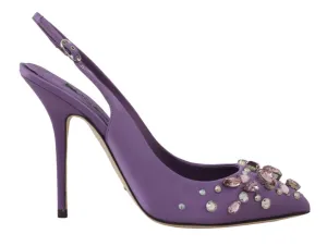 Purple Silk Raso Crystal Slingbacks Shoes