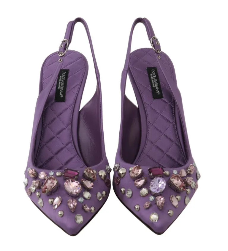 Purple Silk Raso Crystal Slingbacks Shoes