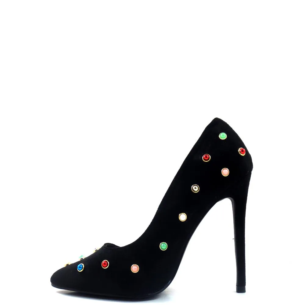 Red Cherry Faux Suede Multi Color Studded Detail Pointy Toe Heels - Ricky 24