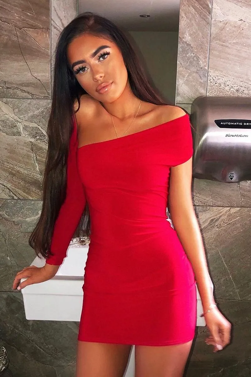 Red One Sleeve Slit Detail Slinky Mini Bodycon Dress - Bronwyn