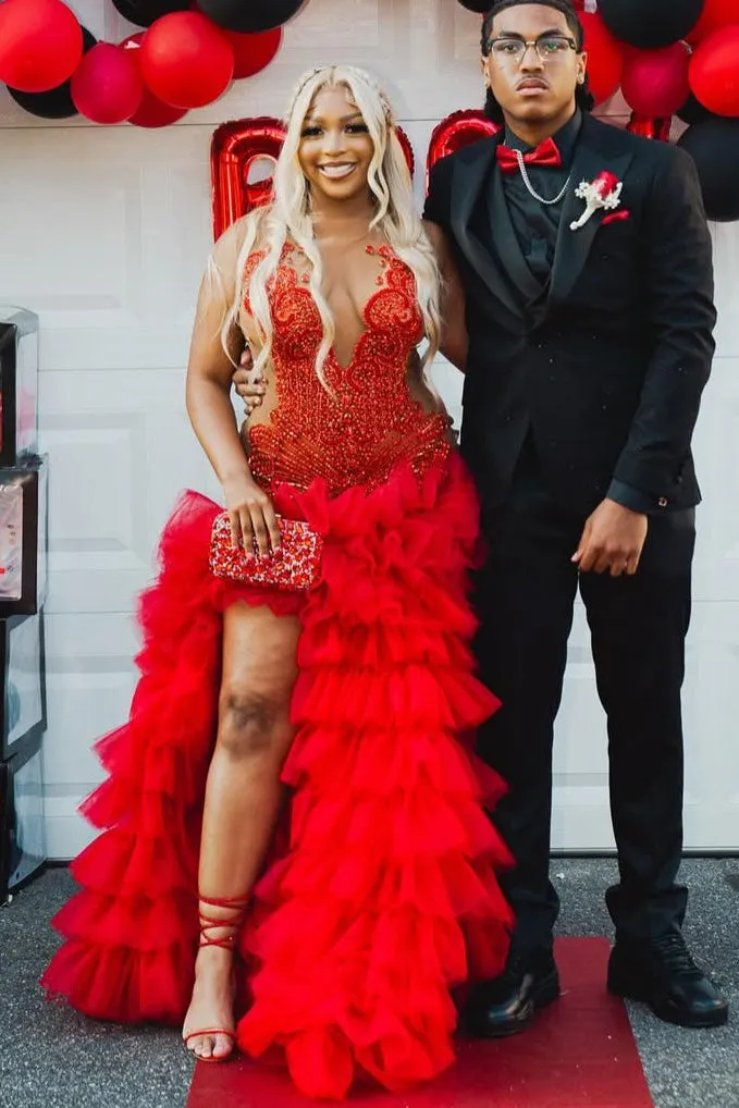 Red Ruffles High Split Sleeveless Mermaid Long Prom Dresses