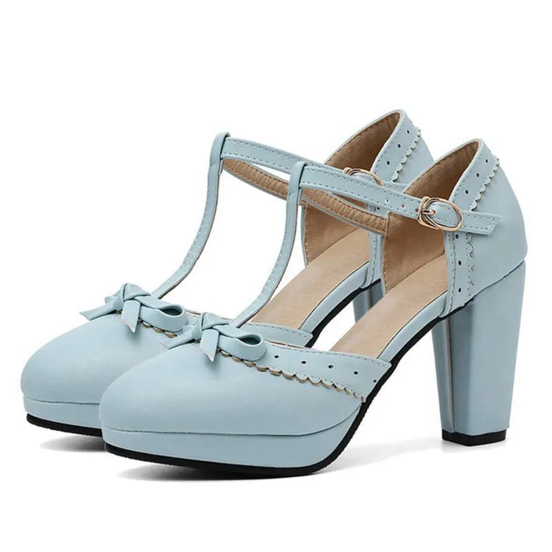 Retro Bow T-Strap High Heels Shoes