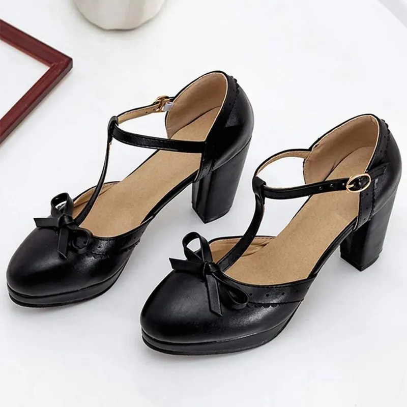 Retro Bow T-Strap High Heels Shoes
