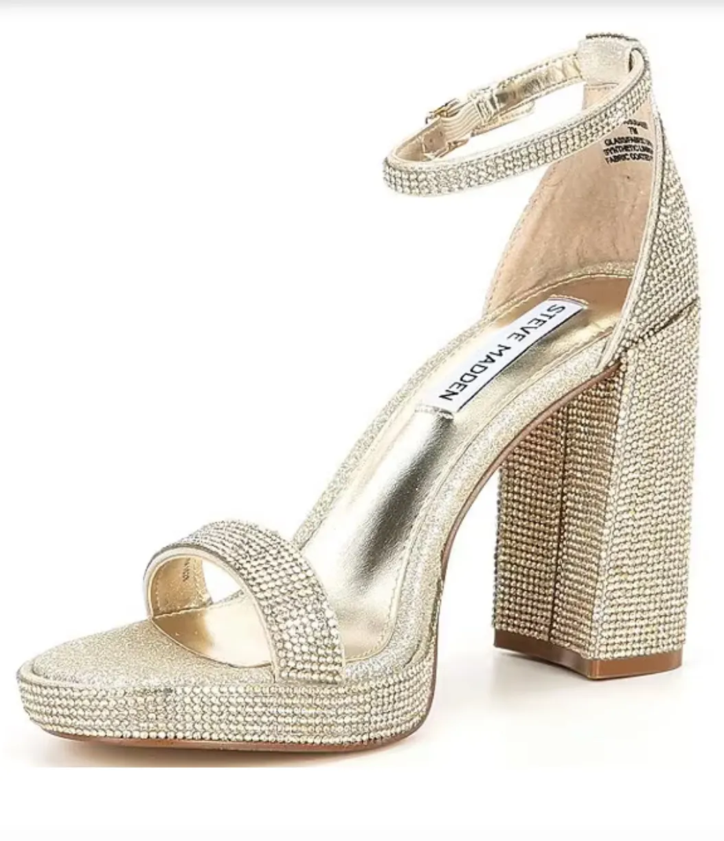 Rhinestone Ankle Strap Block Heel