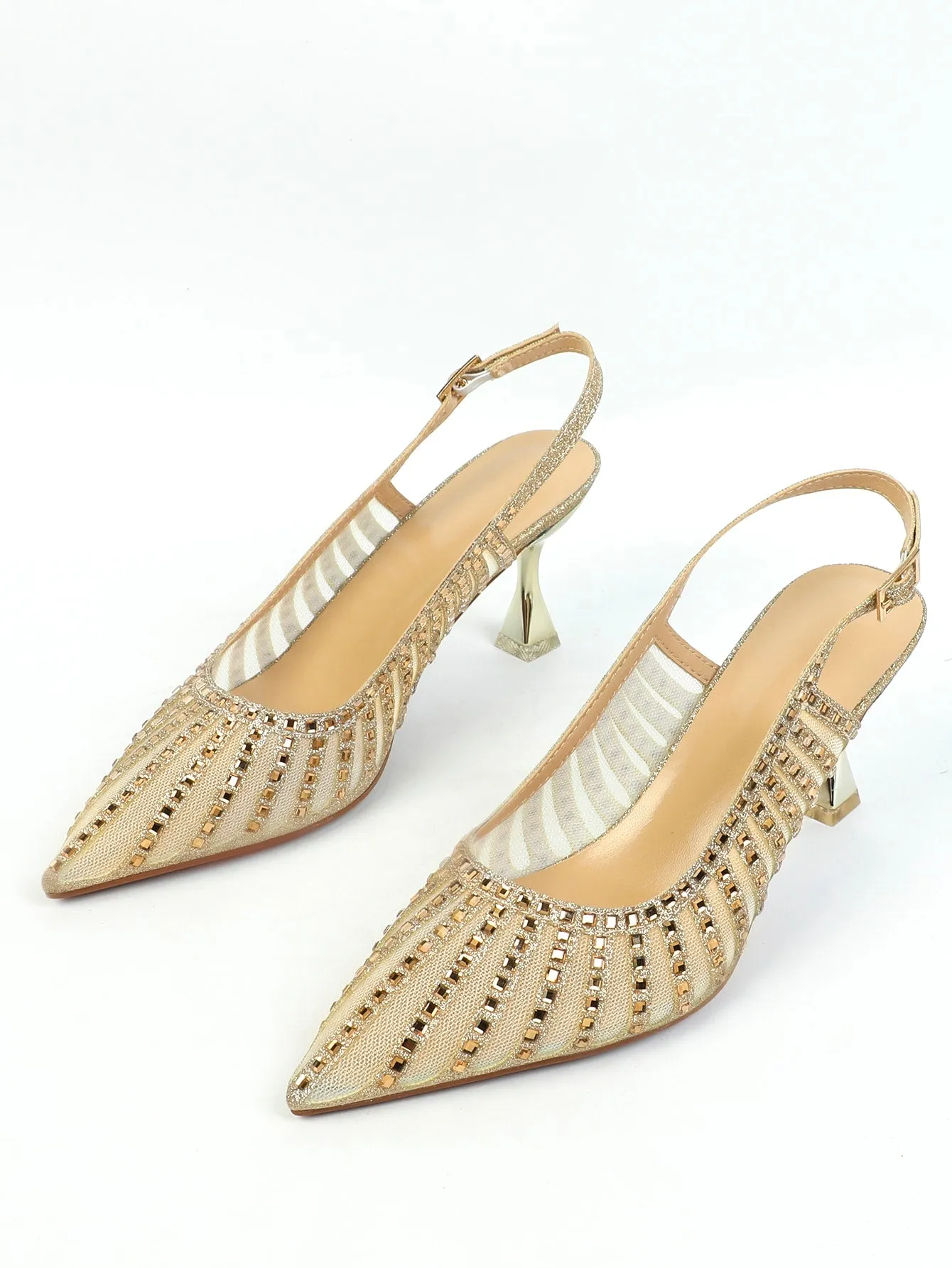 Rhinestone Decor Point Toe Pyramid Heeled Slingback Pumps