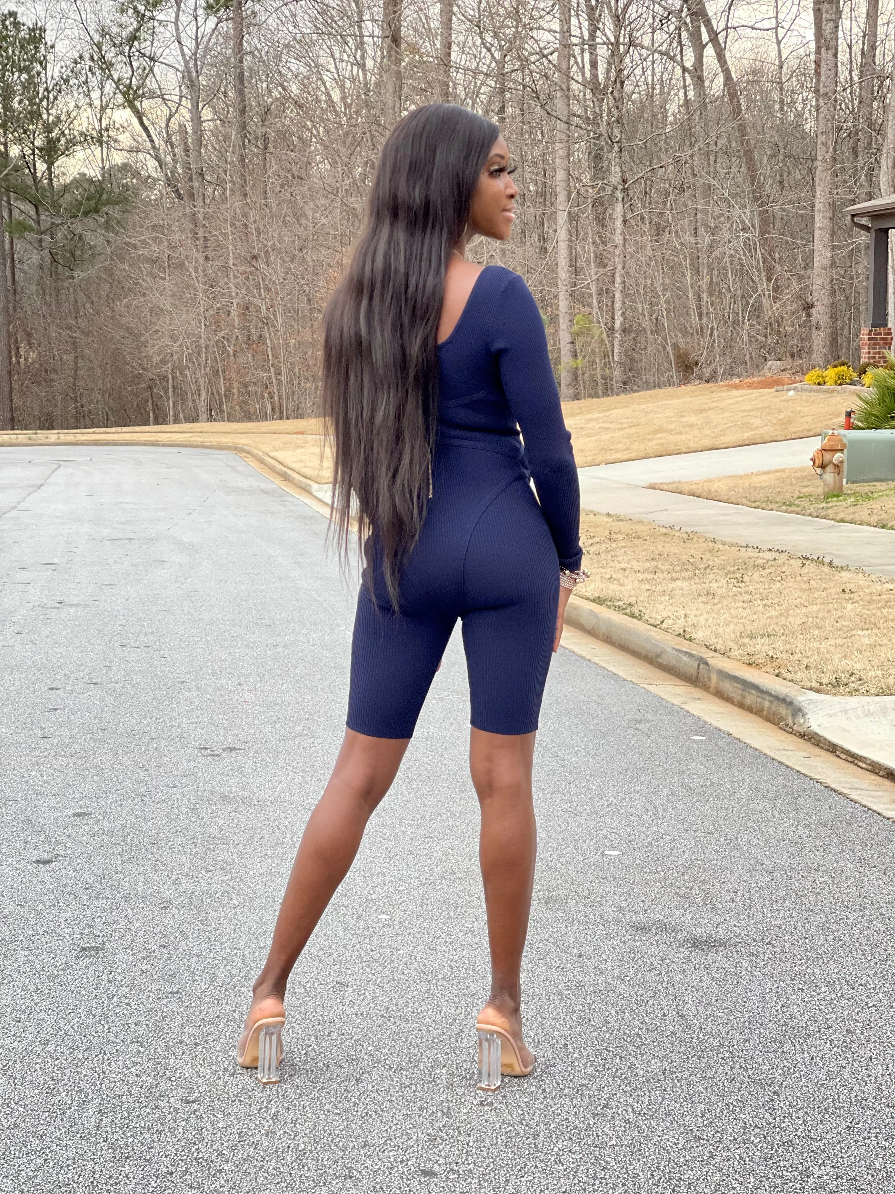 Ribbed Long Sleeve Romper | Navy