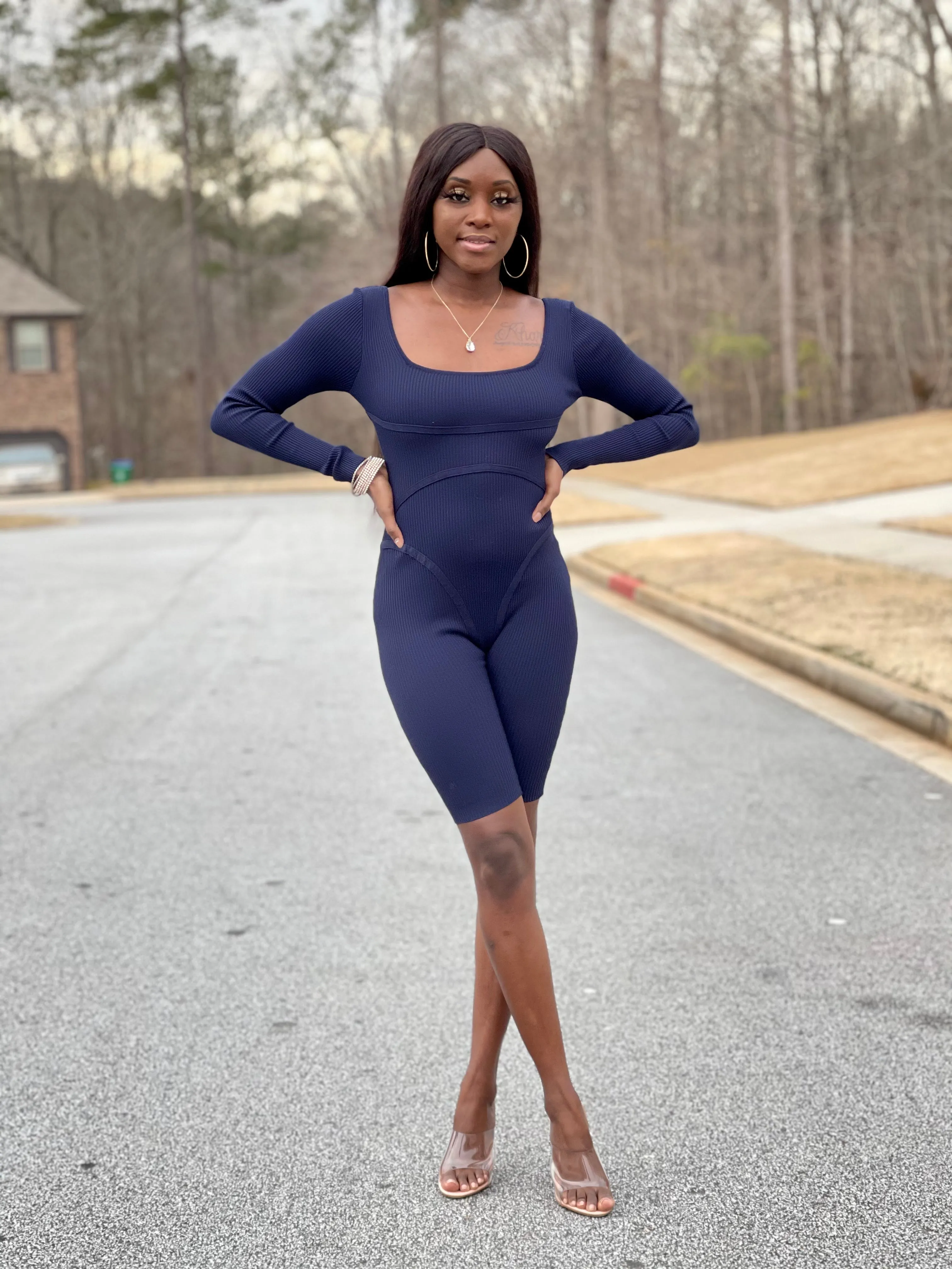 Ribbed Long Sleeve Romper | Navy