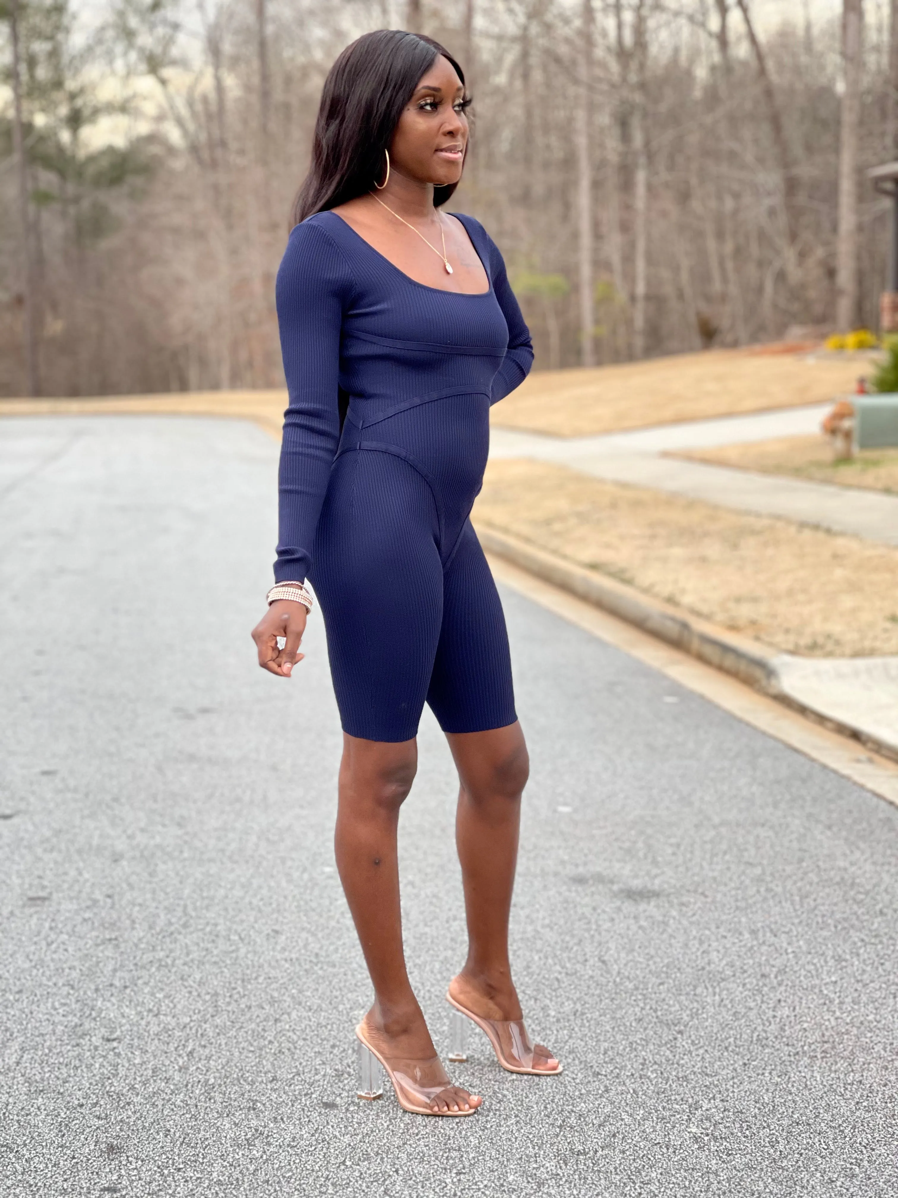 Ribbed Long Sleeve Romper | Navy