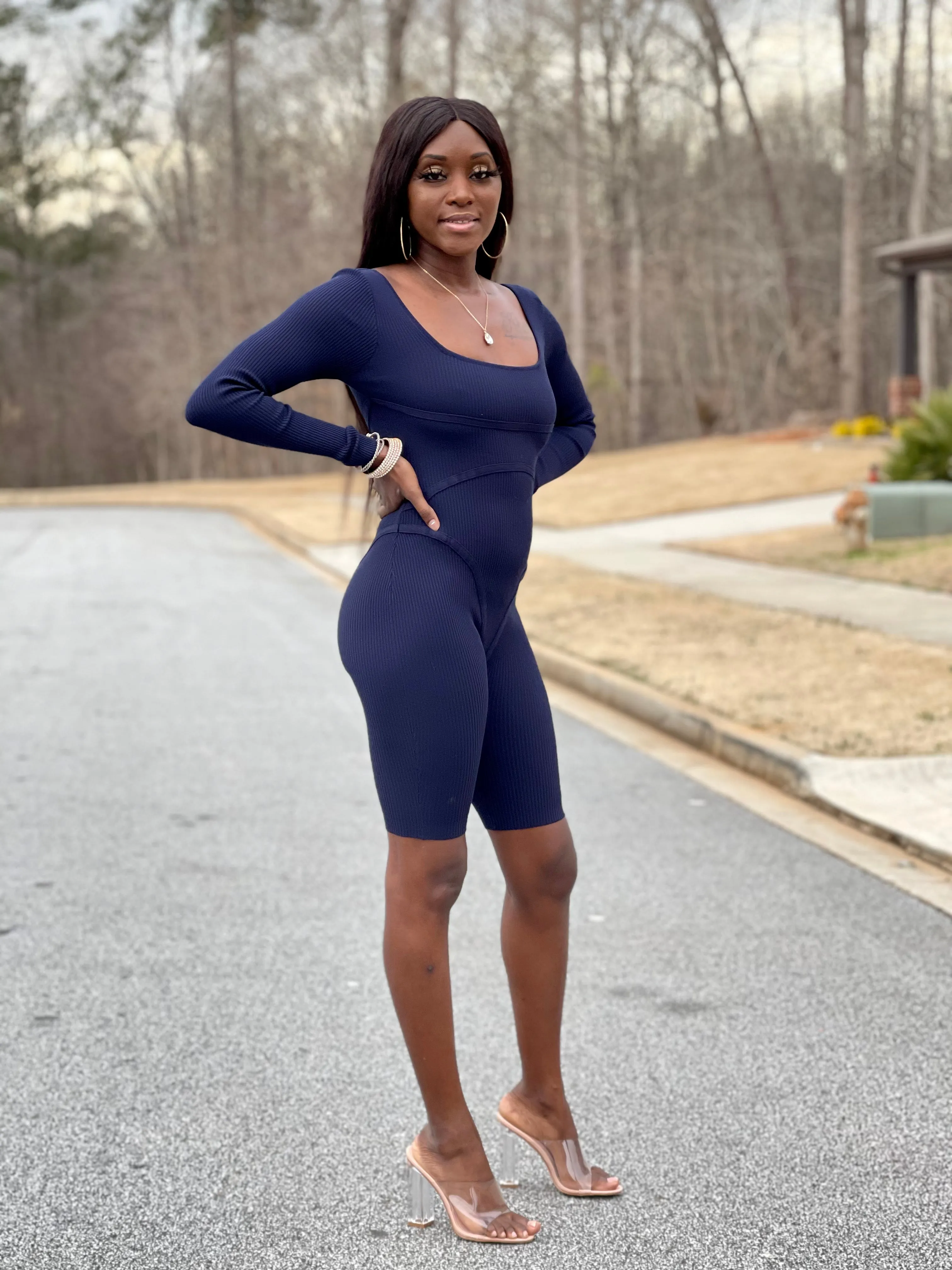 Ribbed Long Sleeve Romper | Navy