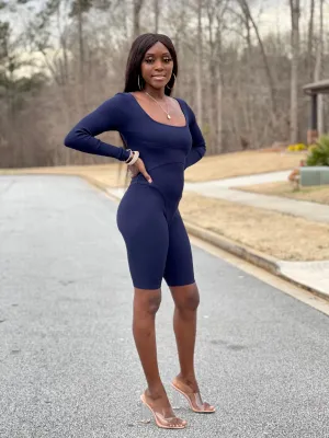 Ribbed Long Sleeve Romper | Navy