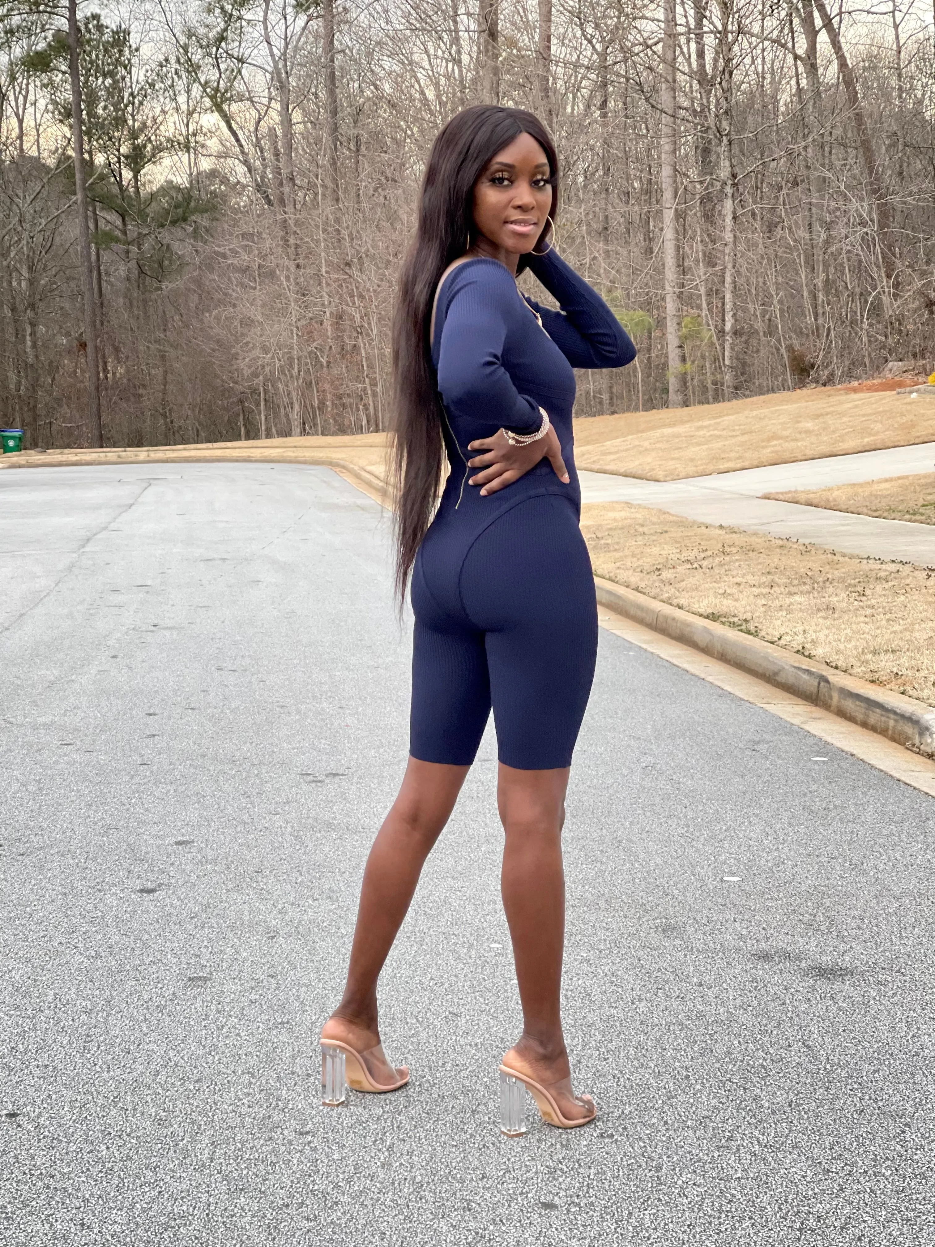Ribbed Long Sleeve Romper | Navy