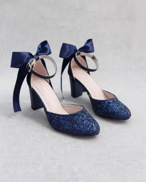 Rock Glitter Block Heel with Back Satin Bow