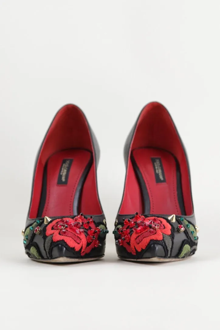 Rose Embroidered Leather Pumps