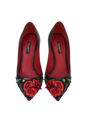 Rose Embroidered Leather Pumps