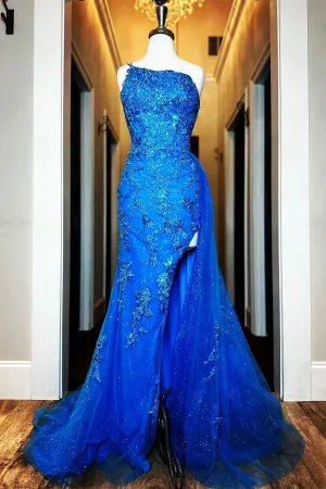 Royal Blue Mermaid One Shoulder Beaded Appliques Long Prom Dress