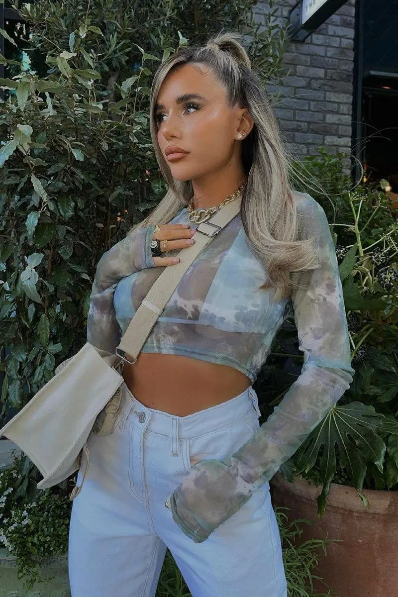 Sage Tie Dye Mesh Long Sleeve Crop Top - Niyana