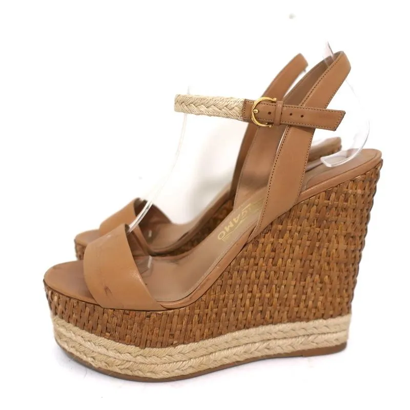 Salvatore Ferragamo Wicker Espadrille Wedge Sandals Marlene Tan Leather Size 6.5