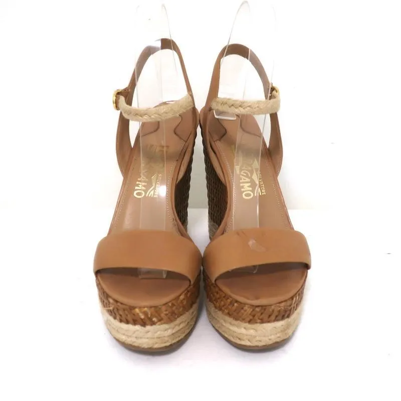 Salvatore Ferragamo Wicker Espadrille Wedge Sandals Marlene Tan Leather Size 6.5