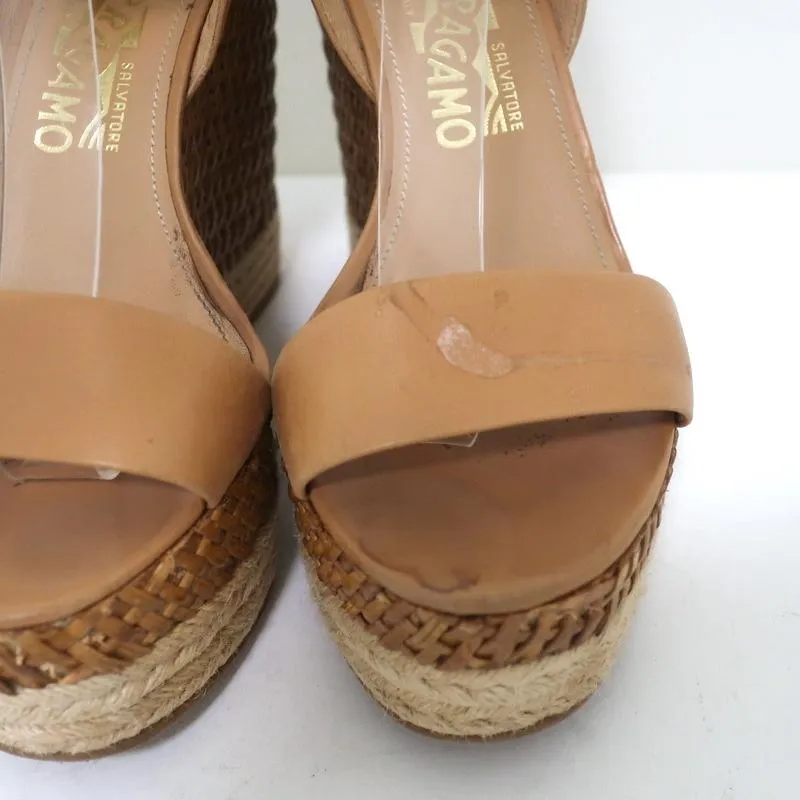 Salvatore Ferragamo Wicker Espadrille Wedge Sandals Marlene Tan Leather Size 6.5