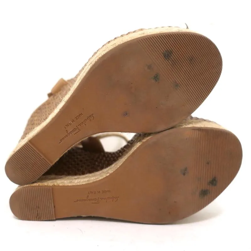 Salvatore Ferragamo Wicker Espadrille Wedge Sandals Marlene Tan Leather Size 6.5