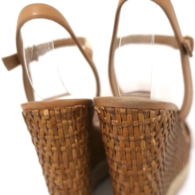 Salvatore Ferragamo Wicker Espadrille Wedge Sandals Marlene Tan Leather Size 6.5