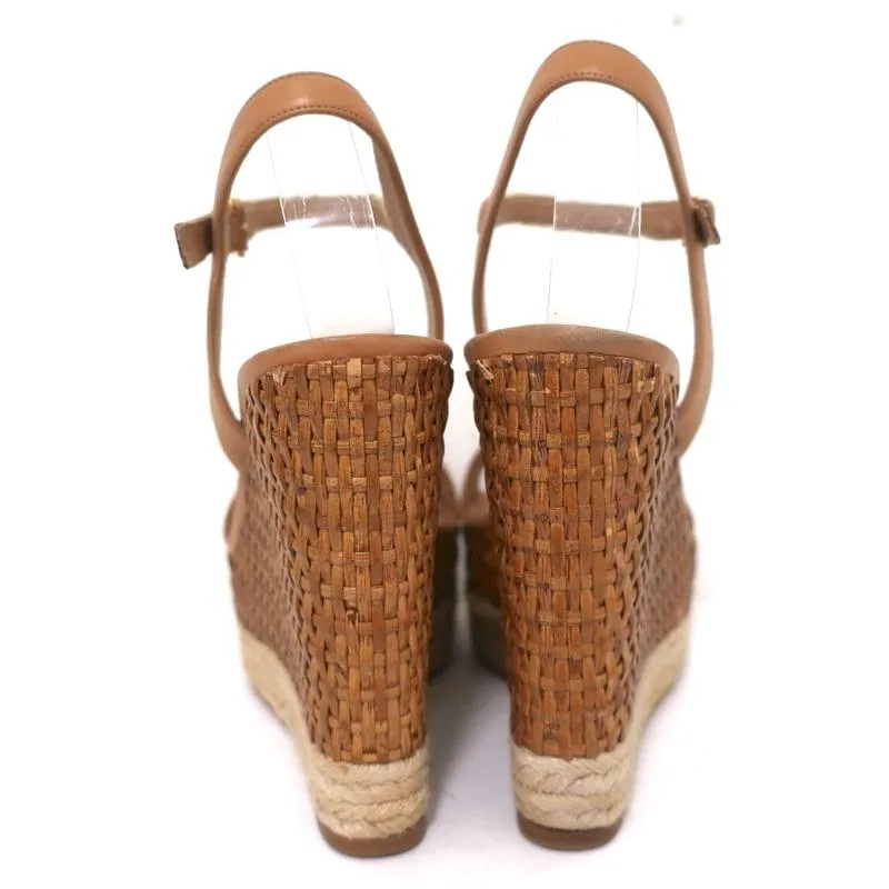 Salvatore Ferragamo Wicker Espadrille Wedge Sandals Marlene Tan Leather Size 6.5