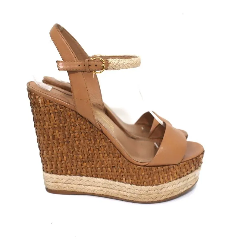 Salvatore Ferragamo Wicker Espadrille Wedge Sandals Marlene Tan Leather Size 6.5