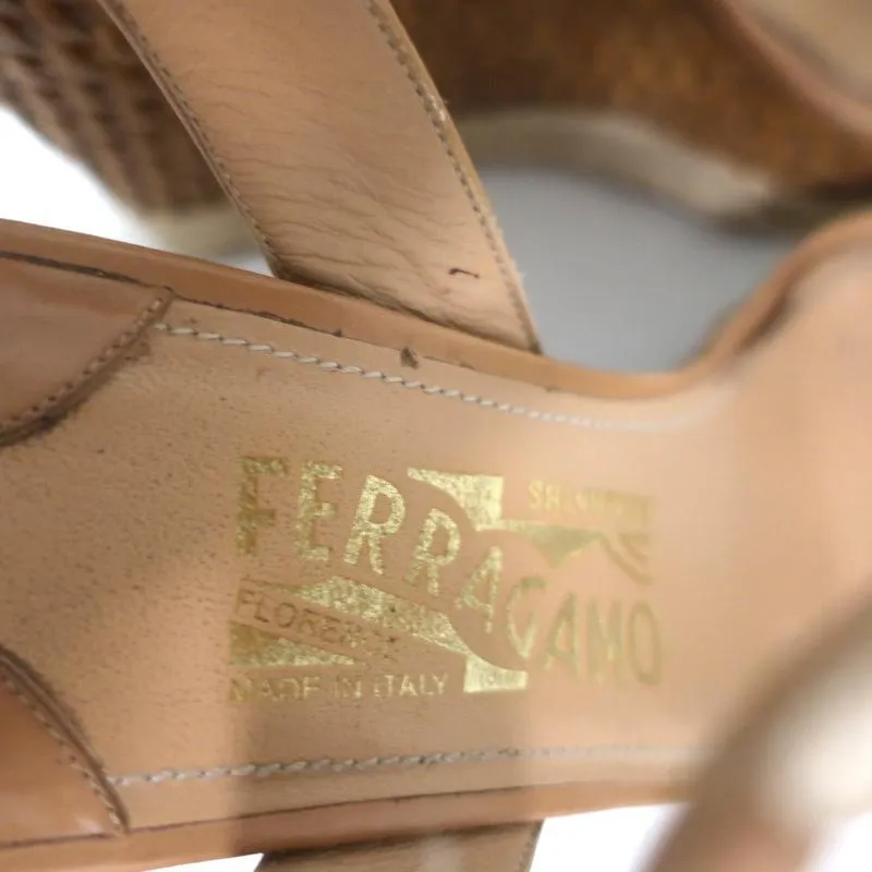 Salvatore Ferragamo Wicker Espadrille Wedge Sandals Marlene Tan Leather Size 6.5