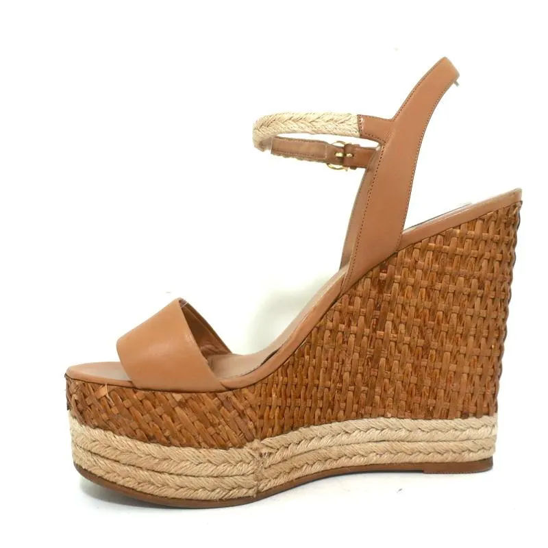 Salvatore Ferragamo Wicker Espadrille Wedge Sandals Marlene Tan Leather Size 6.5