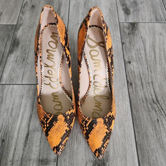 Sam Edelman Hazel Stiletto Pumps Orange Black Snakeskin Leather Pointy toe Sz. 7