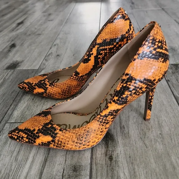 Sam Edelman Hazel Stiletto Pumps Orange Black Snakeskin Leather Pointy toe Sz. 7