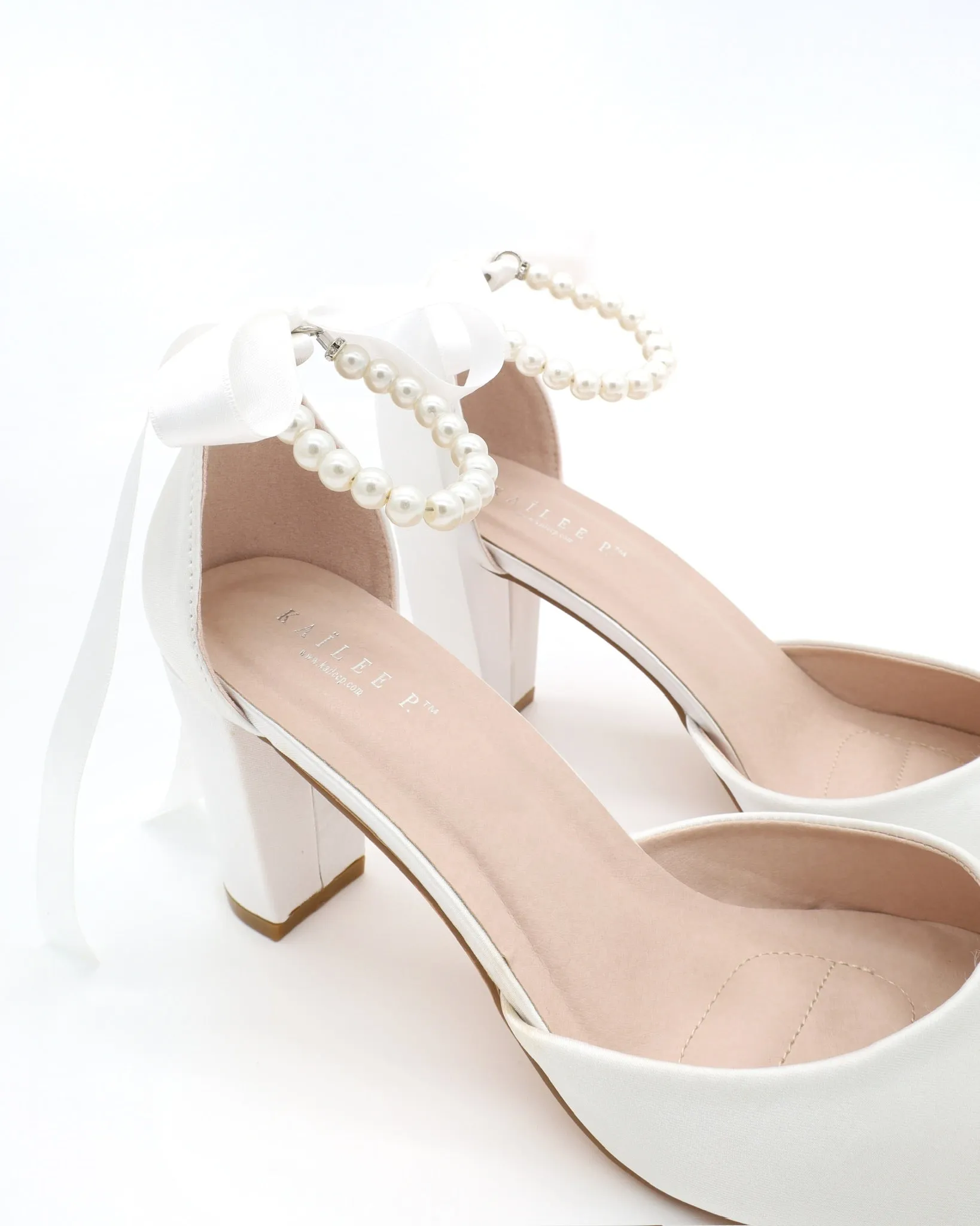 Satin Block Heel with All Pearls Ankle Strap