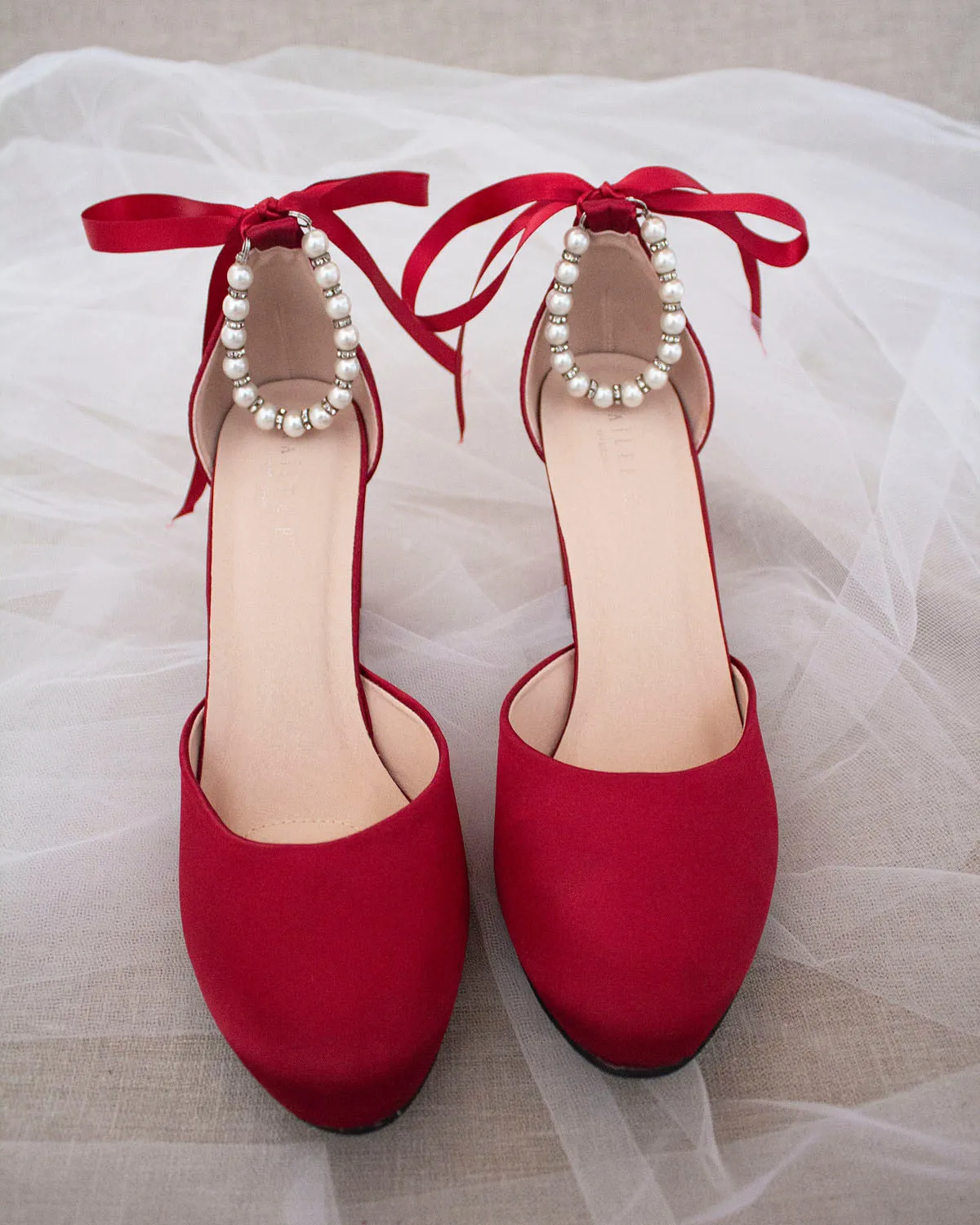 Satin Block Heel with Pearls Ankle Strap