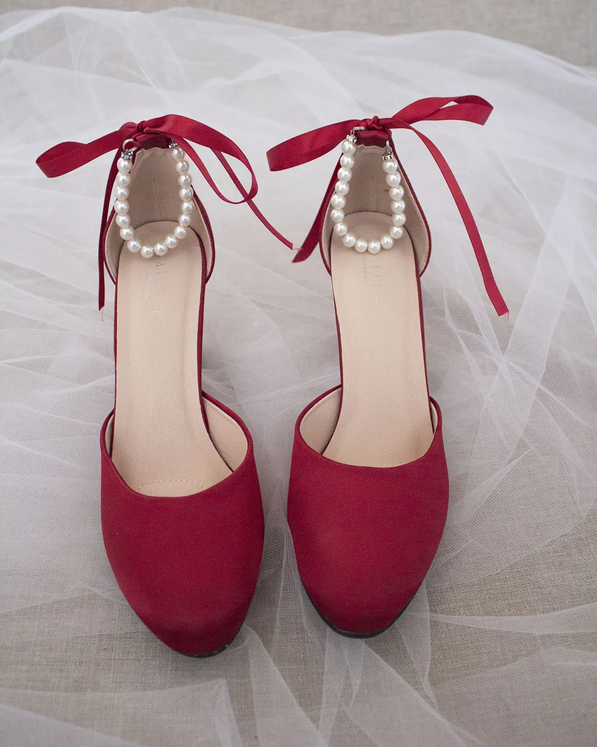 Satin Block Heel with Pearls Ankle Strap