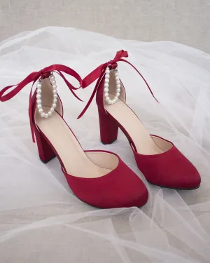 Satin Block Heel with Pearls Ankle Strap