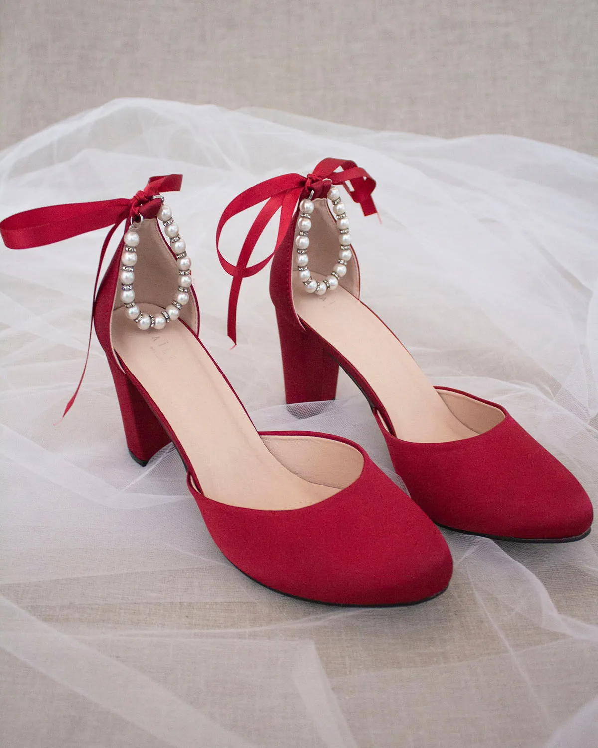 Satin Block Heel with Pearls Ankle Strap