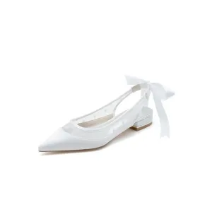 Satin Pointed Toe Mesh Low Heels With Bow