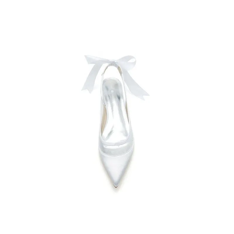 Satin Pointed Toe Mesh Low Heels With Bow