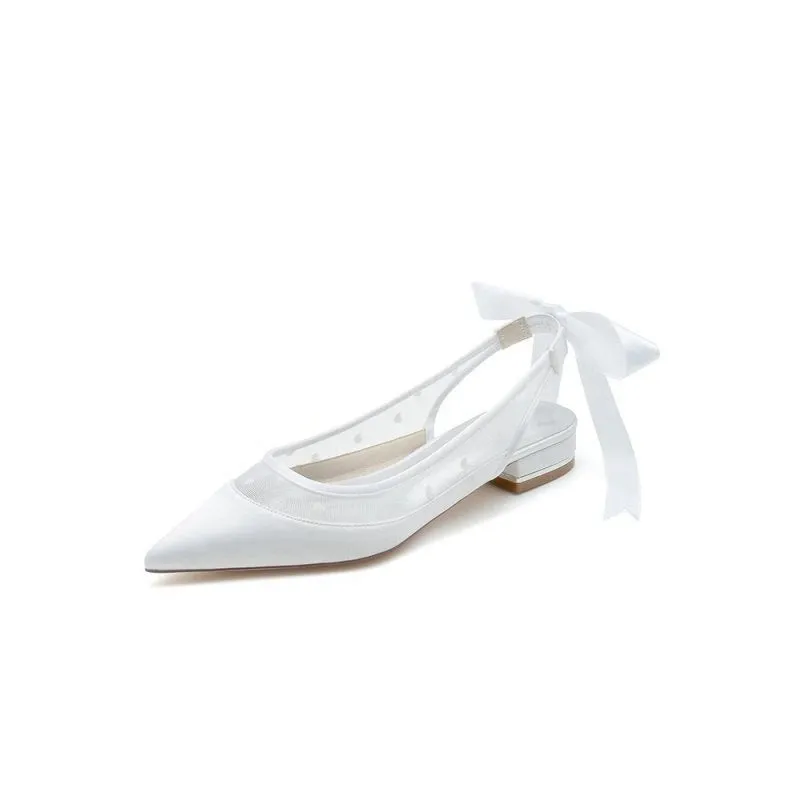 Satin Pointed Toe Mesh Low Heels With Bow