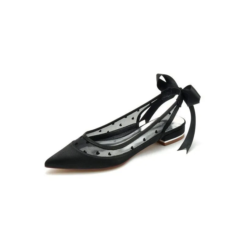Satin Pointed Toe Mesh Low Heels With Bow